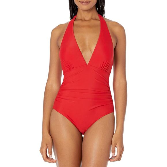 Tommy Bahama Red Plunge V-Neck Ruched Tummy Control One Piece Swimsuit Size 10 - Picture 1 of 5